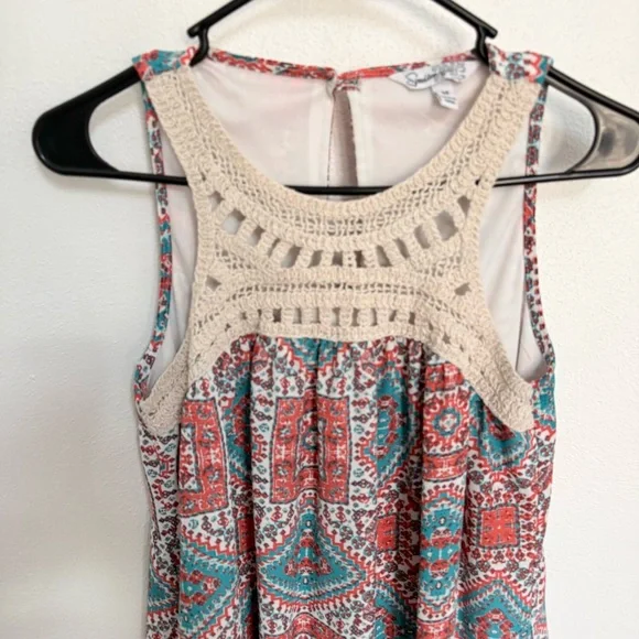 Speechless Teal and Coral Patterned Crochet Mini Dress - Picture 3 of 9